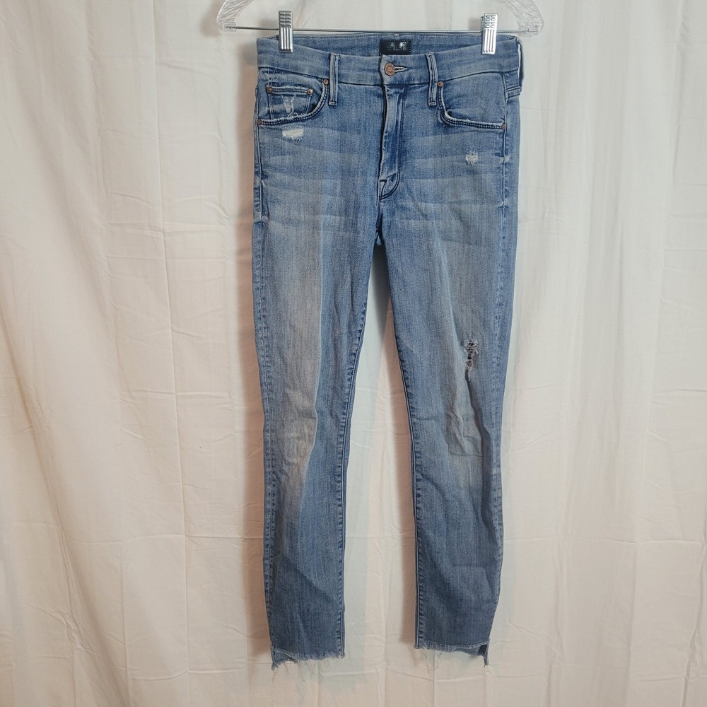 Mother The Looker Ankle Step Fray Jeans Where There's Smoke Blue Distressed 25